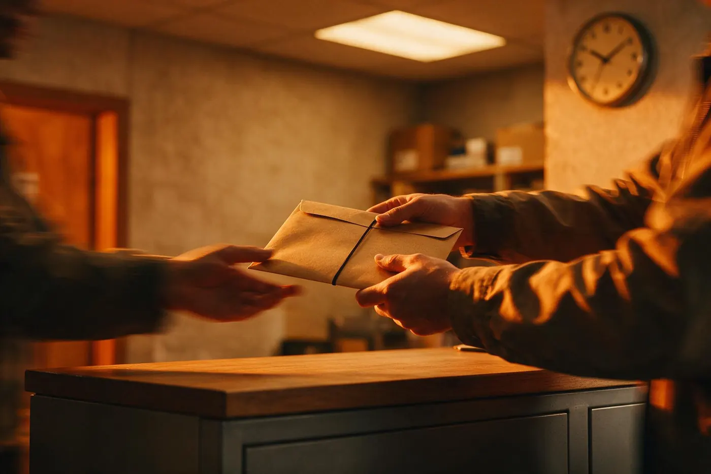 Koerier overhandigt een documentenvelop aan een balie, met een wandklok op de achtergrond
